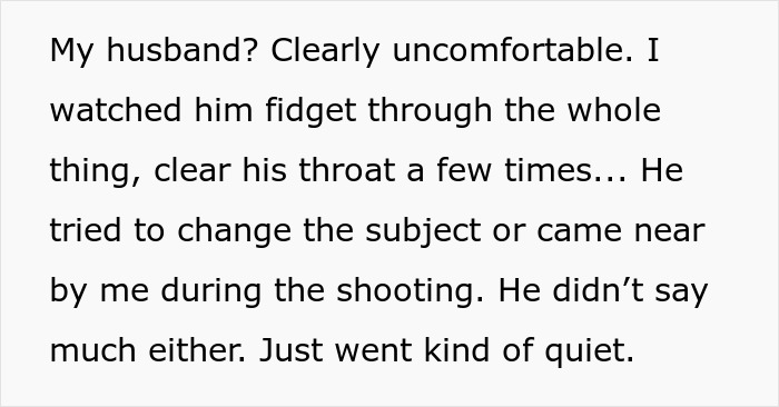Text describing a husband acting uncomfortable and quiet while his childhood best friend asks a favor. Text describing a husband acting uncomfortable and quiet while his childhood best friend asks a favor.