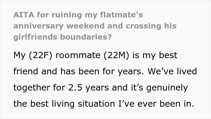 Text excerpt from a post about a guy’s girlfriend planning a steamy weekend and trying to evict the toxic roommate from their home. Text excerpt from a post about a guy’s girlfriend planning a steamy weekend and trying to evict the toxic roommate from their home.