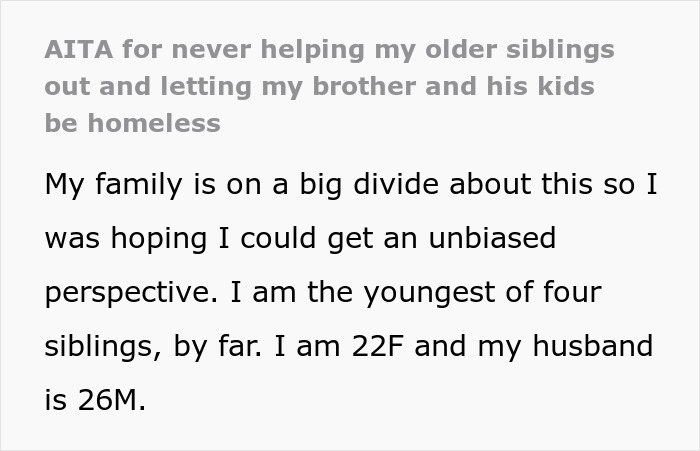 Text excerpt from a sibling story about refusing to turn her home into a shelter causing family conflict. Text excerpt from a sibling story about refusing to turn her home into a shelter causing family conflict.