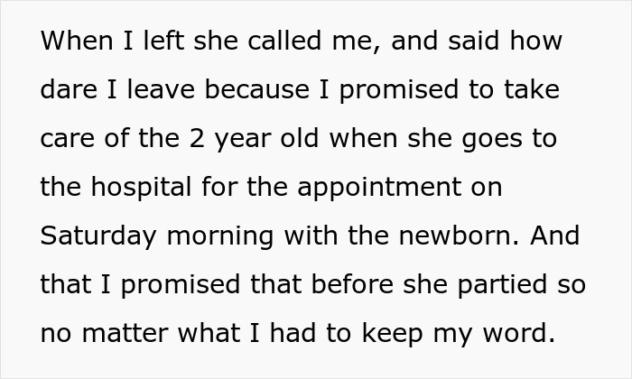 Text excerpt explaining sister promising to return after lunch and leaving 18-year-old with two kids for four days. Text excerpt explaining sister promising to return after lunch and leaving 18-year-old with two kids for four days.