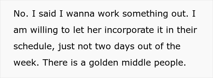 Text of a message discussing willingness to compromise on schedule for kids, related to mom refusing fast food from MIL. Text of a message discussing willingness to compromise on schedule for kids, related to mom refusing fast food from MIL.
