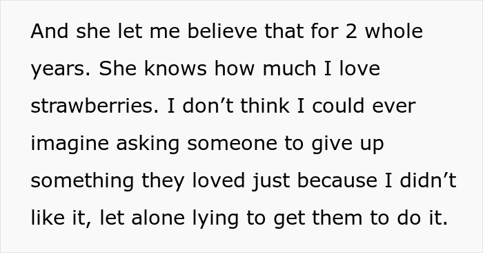 Text excerpt describing a partner upset over a girlfriend’s strawberry allergy and feelings of being lied to. Text excerpt describing a partner upset over a girlfriend’s strawberry allergy and feelings of being lied to.
