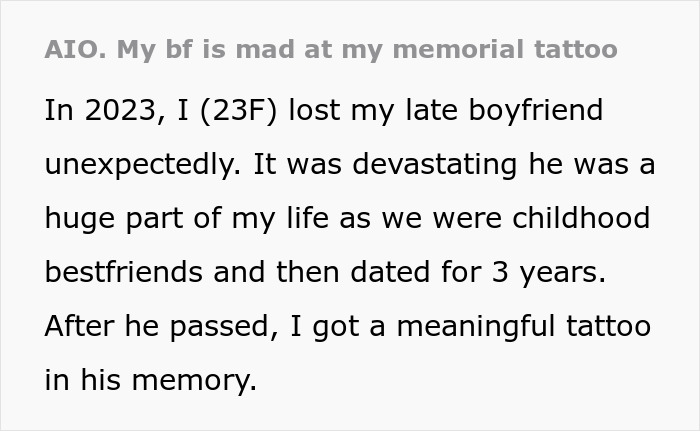 Text excerpt from a post about a man demanding his girlfriend remove a tattoo honoring her late boyfriend.