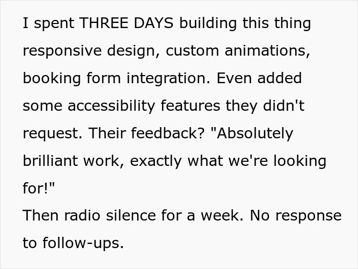 Person realizes they got tricked during an interview, finds their interview task live with no response after submission.