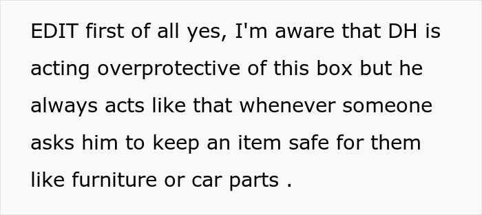 Text showing a husband acting overprotective guarding a box of olives, triggered by wife's cleaning mishap. Text showing a husband acting overprotective guarding a box of olives, triggered by wife's cleaning mishap.