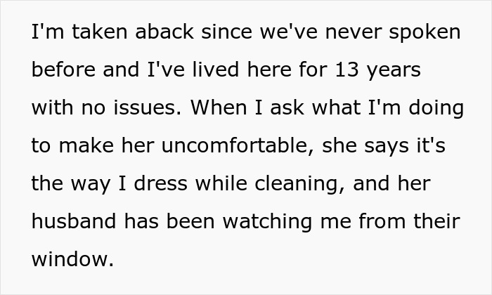 Neighbor complains about woman’s outfit because her husband keeps staring at her from their window while she cleans.