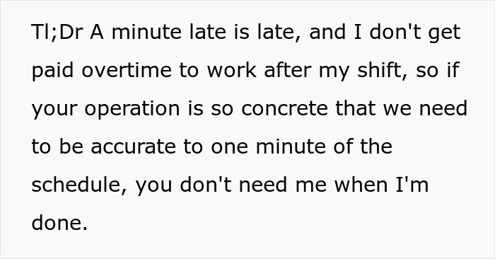 Worker explains one minute late rule leads to no overtime, showing how boss’s strict policy affects work hours. Worker explains one minute late rule leads to no overtime, showing how boss’s strict policy affects work hours.