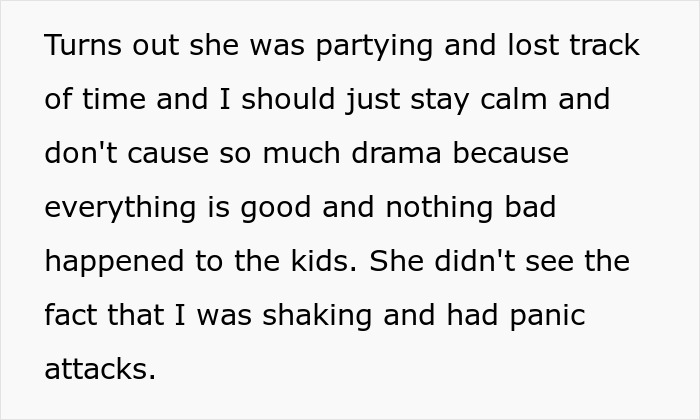 Text excerpt describing a sister leaving an 18-year-old with two kids for days, causing panic attacks. Text excerpt describing a sister leaving an 18-year-old with two kids for days, causing panic attacks.