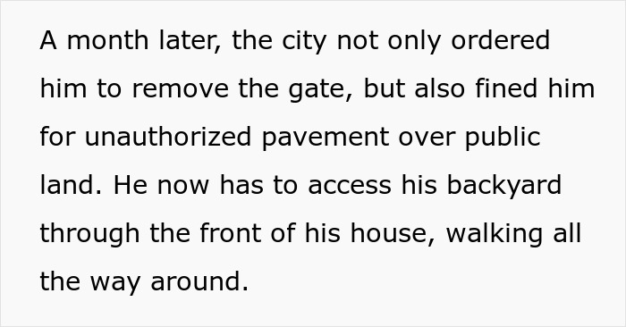 Text about city ordering removal of gate and fining man, while neighbor’s fence remains standing after sabotage attempt.