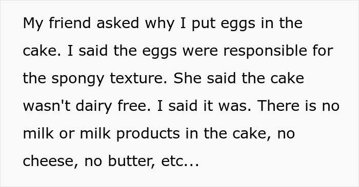 Text explaining confusion over eggs in dairy-free cake and debate if eggs count as dairy or not. Text explaining confusion over eggs in dairy-free cake and debate if eggs count as dairy or not.