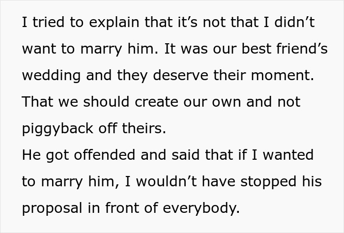 Text excerpt discussing stopping a boyfriend’s proposal at a best friend’s wedding to respect their moment. Text excerpt discussing stopping a boyfriend’s proposal at a best friend’s wedding to respect their moment.