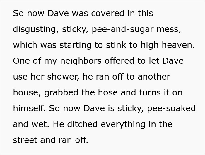 Text excerpt describing a sticky, smelly, pee-soaked revenge situation involving a mailman and a kid.