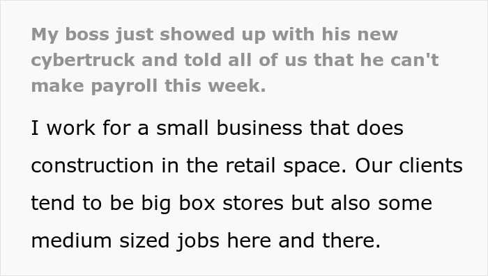 Worker describes boss showing off new truck while telling employees their pay is late at a small construction business. Worker describes boss showing off new truck while telling employees their pay is late at a small construction business.