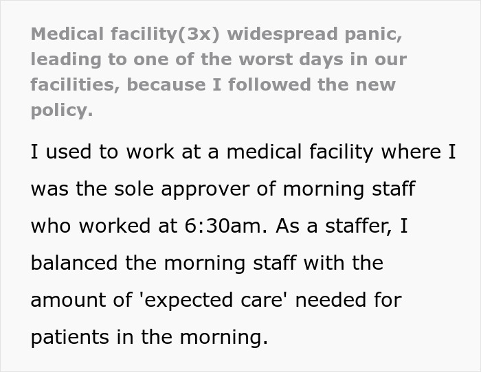 Medical facility faces disaster and widespread panic after worker follows new policy causing one of the worst days. Medical facility faces disaster and widespread panic after worker follows new policy causing one of the worst days.