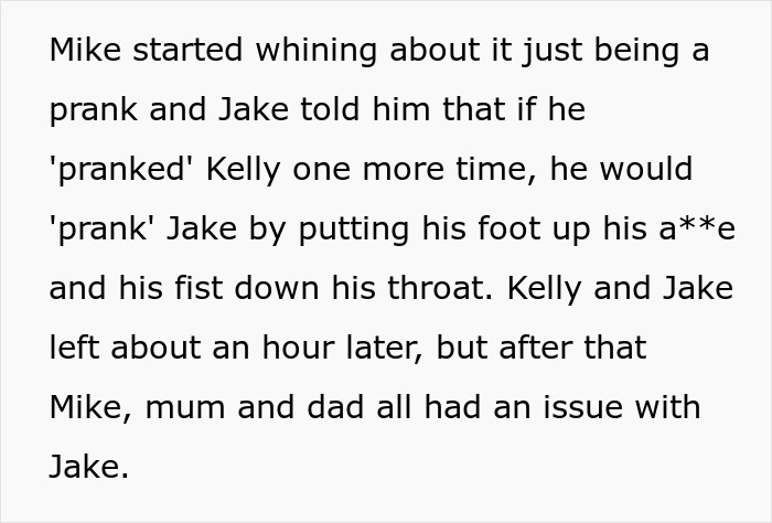 Text excerpt showing a conflict involving a prank, leading to issues between family members and a bully at a wedding event. Text excerpt showing a conflict involving a prank, leading to issues between family members and a bully at a wedding event.