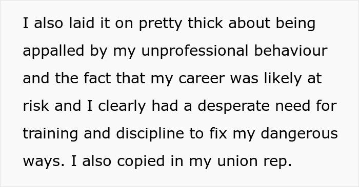Text excerpt showing an employee discussing unprofessional behavior and involving a union rep in a workplace bullying claim. Text excerpt showing an employee discussing unprofessional behavior and involving a union rep in a workplace bullying claim.