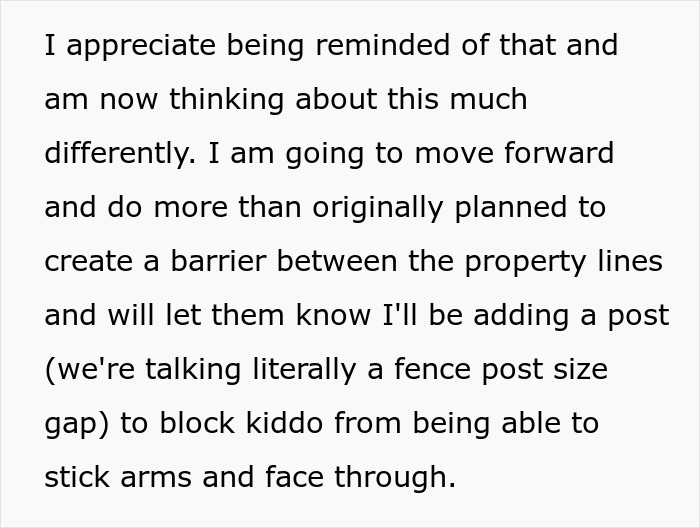 Text about creating a barrier to block neighbor’s kid from using fence as fast food window for dogs.