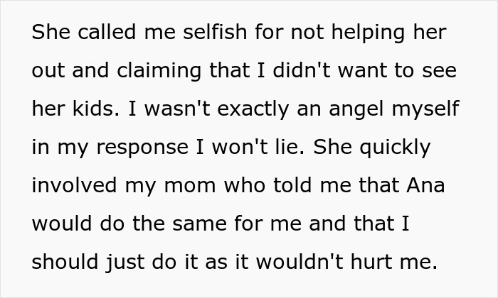 Text excerpt about a burned out uncle refusing to babysit sister’s kids and facing family guilt trips. Text excerpt about a burned out uncle refusing to babysit sister’s kids and facing family guilt trips.