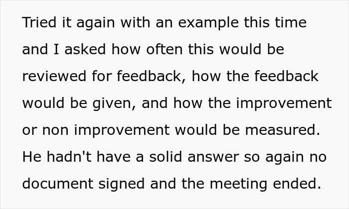 Text excerpt showing a manager struggling to provide feedback or proof when asked about baseless employee claims. Text excerpt showing a manager struggling to provide feedback or proof when asked about baseless employee claims.