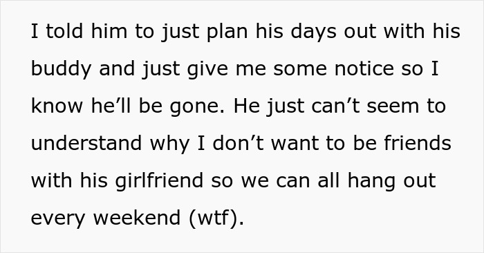 Text discussing a 28-year-old wanting to hang out with his 21-year-old work buddy and girlfriend, and involving his wife. Text discussing a 28-year-old wanting to hang out with his 21-year-old work buddy and girlfriend, and involving his wife.