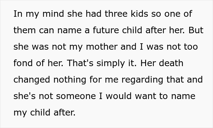 Text excerpt showing a son rejecting his dad’s demand to name his child after late wife, reflecting family naming conflict. Text excerpt showing a son rejecting his dad’s demand to name his child after late wife, reflecting family naming conflict.