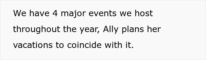 Text on a plain white background stating a lazy employee's plans around major events hosted by their new boss. Text on a plain white background stating a lazy employee's plans around major events hosted by their new boss.