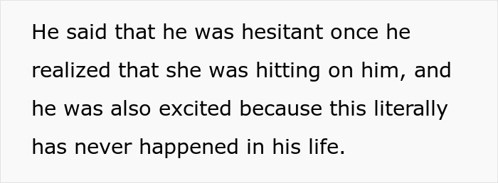 Text excerpt describing a husband feeling hesitant and excited after being hit on for the first time in his life. Text excerpt describing a husband feeling hesitant and excited after being hit on for the first time in his life.