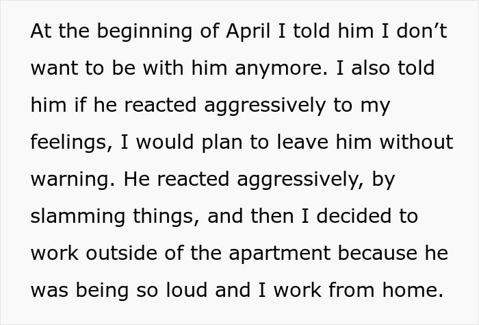 Text showing a woman describing her jobless partner’s aggressive behavior and plans to quietly exit the toxic home this summer. Text showing a woman describing her jobless partner’s aggressive behavior and plans to quietly exit the toxic home this summer.