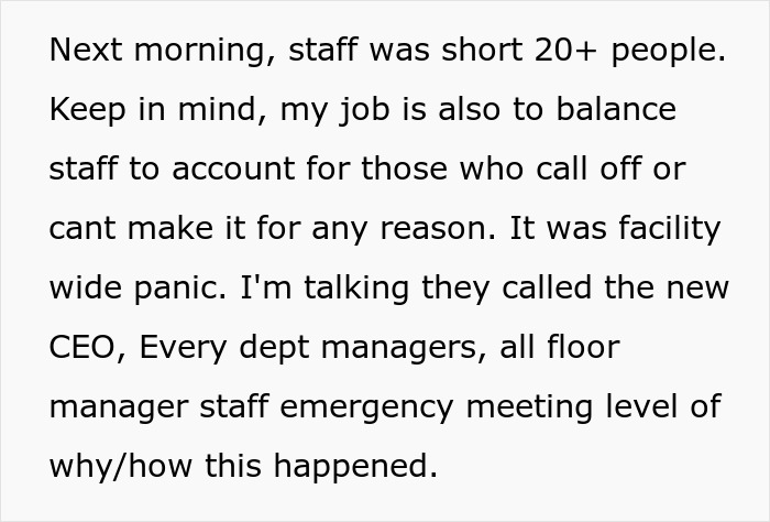 Medical facility faces disaster and staff shortage after worker follows new policy, triggering emergency meetings and panic. Medical facility faces disaster and staff shortage after worker follows new policy, triggering emergency meetings and panic.