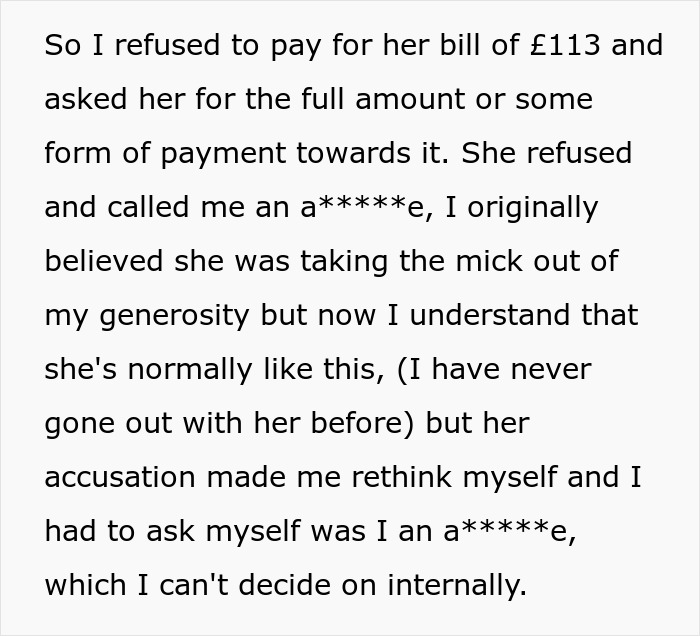 Text excerpt describing friend’s girlfriend ordering expensive meals and refusing to pay her bill, causing conflict. Text excerpt describing friend’s girlfriend ordering expensive meals and refusing to pay her bill, causing conflict.