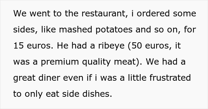 Text excerpt about a friend laughing off vegan’s warning about paying only for his food before receiving the bill.
