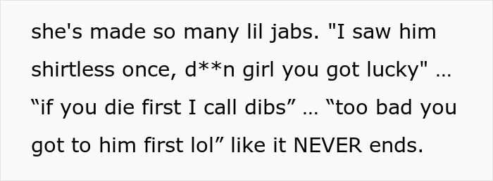 Text excerpt showing a woman making below-the-belt comments about her sister’s fiancé in a candid message.