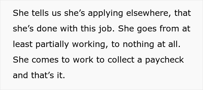 Text excerpt describing a lazy employee bragging about a new boss but not doing any work or productivity. Text excerpt describing a lazy employee bragging about a new boss but not doing any work or productivity.