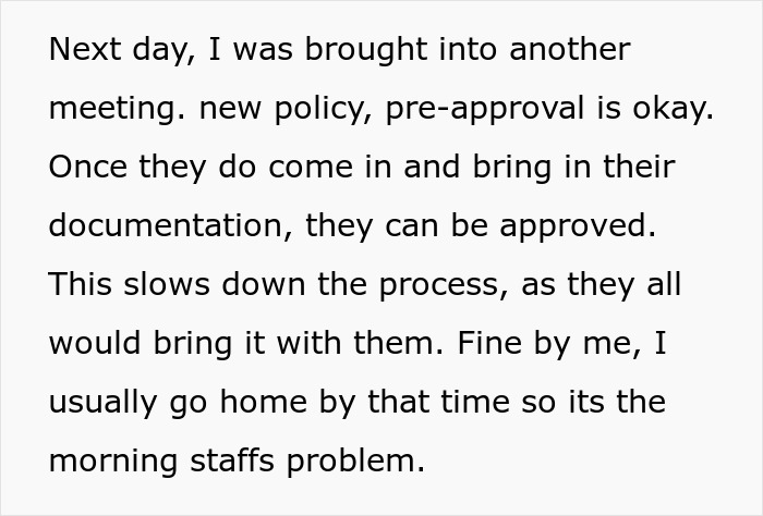 Text excerpt about medical facility new policy causing delays, illustrating disaster after worker follows new policy. Text excerpt about medical facility new policy causing delays, illustrating disaster after worker follows new policy.