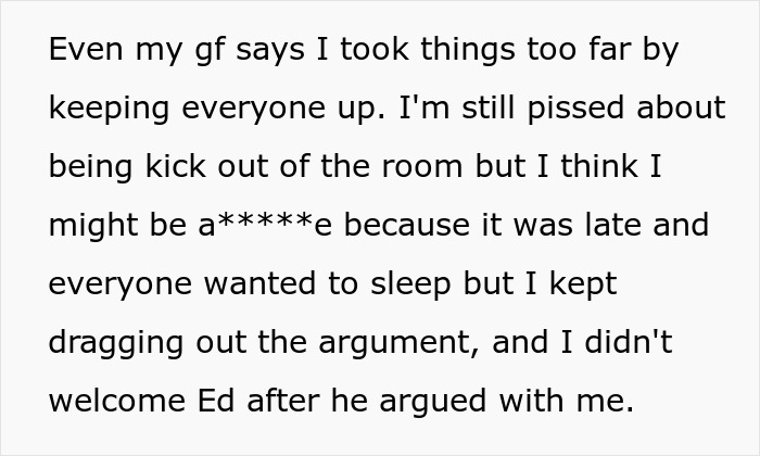 Text excerpt from a man refusing to give up the paid master bedroom and being accused of homophobia after arguing with a friend’s boyfriend. Text excerpt from a man refusing to give up the paid master bedroom and being accused of homophobia after arguing with a friend’s boyfriend.