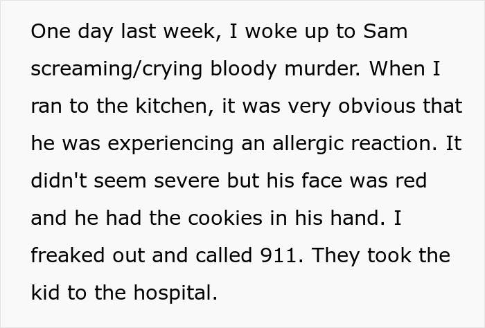 Text describing a roommate's son having an allergic reaction and the refusal to pay medical bills after the incident. Text describing a roommate's son having an allergic reaction and the refusal to pay medical bills after the incident.