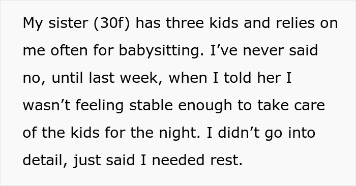 Text excerpt about being too depressed to babysit, explaining needing rest and not feeling stable enough for babysitting. Text excerpt about being too depressed to babysit, explaining needing rest and not feeling stable enough for babysitting.