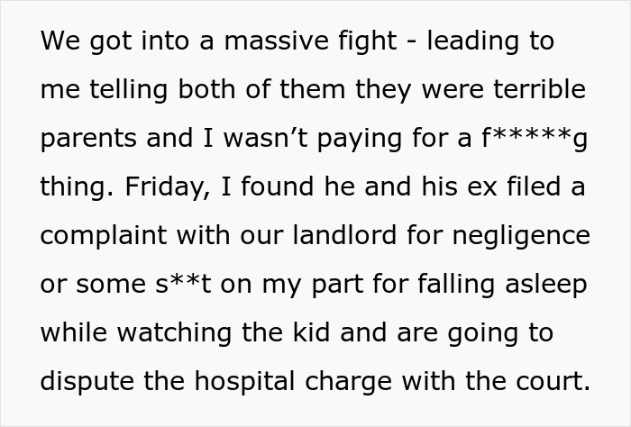 Text excerpt describing a fight involving a roommate vanishing with ex and blame over kid care and hospital charges dispute.