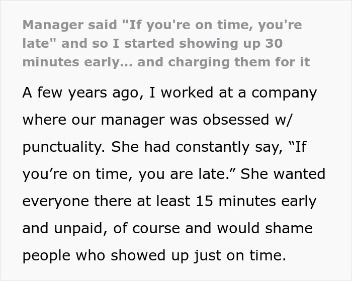 Text explaining a boss obsessed with punctuality shaming workers for being on time and an employee finding a clever workaround.