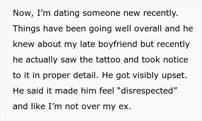 Text discussing a man demanding his girlfriend remove a tattoo honoring her late boyfriend, feeling like second best.