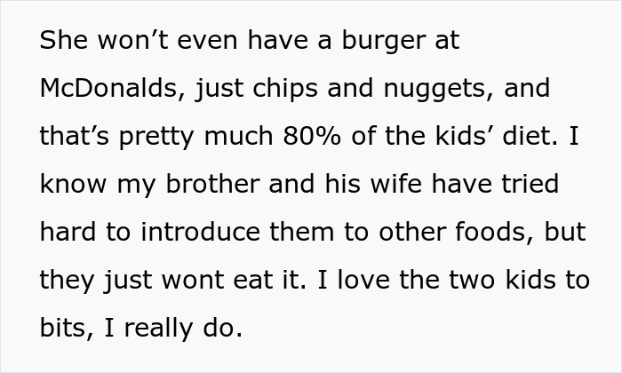 Text excerpt discussing picky kids' limited diet and a man's travel plans after a cancer battle affected by his brother’s family. Text excerpt discussing picky kids' limited diet and a man's travel plans after a cancer battle affected by his brother’s family.