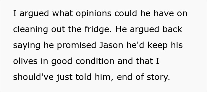 Text excerpt about husband guarding olives in fridge, highlighting conflict over cleaning and preserving olives condition. Text excerpt about husband guarding olives in fridge, highlighting conflict over cleaning and preserving olives condition.