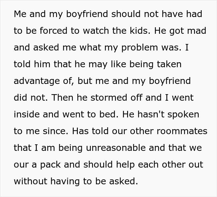 Text excerpt showing a woman upset with her roommate for leaving her and her boyfriend to babysit his girlfriend’s kids. Text excerpt showing a woman upset with her roommate for leaving her and her boyfriend to babysit his girlfriend’s kids.
