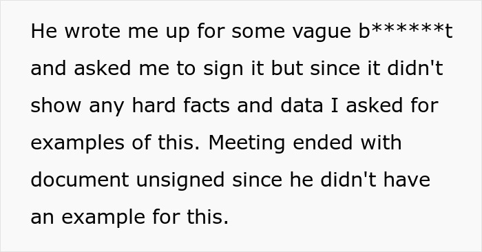 Text about manager wanting to fire employee with baseless claims, unable to prove accusations during meeting. Text about manager wanting to fire employee with baseless claims, unable to prove accusations during meeting.