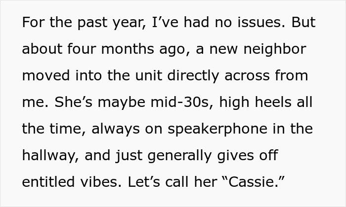 Text excerpt describing a neighbor’s behavior after moving in, relating to package theft and petty retaliation. Text excerpt describing a neighbor’s behavior after moving in, relating to package theft and petty retaliation.