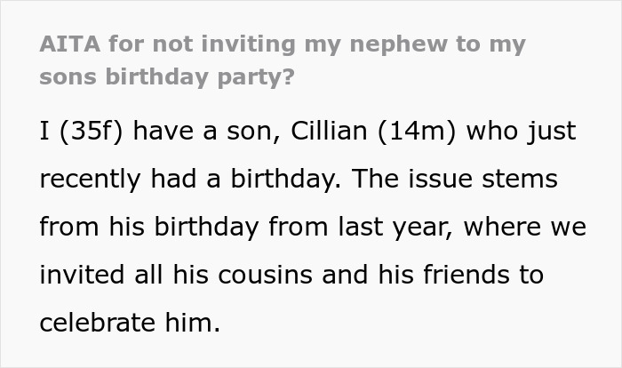 Woman excludes nephew from son's birthday party after last year's incident, sparking fatphobic accusations from sister. Woman excludes nephew from son's birthday party after last year's incident, sparking fatphobic accusations from sister.