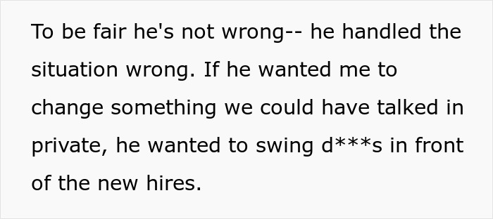 Text excerpt discussing a boss enforcing a one minute late rule and worker's reaction to stop overtime. Text excerpt discussing a boss enforcing a one minute late rule and worker's reaction to stop overtime.