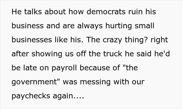 Boss telling workers their pay is late after making them admire his new truck, causing worker frustration. Boss telling workers their pay is late after making them admire his new truck, causing worker frustration.