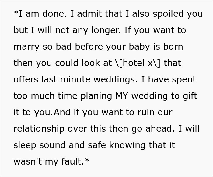 Text of a message about a couple booking a wedding venue years in advance and tension with pregnant sister demanding it. Text of a message about a couple booking a wedding venue years in advance and tension with pregnant sister demanding it.