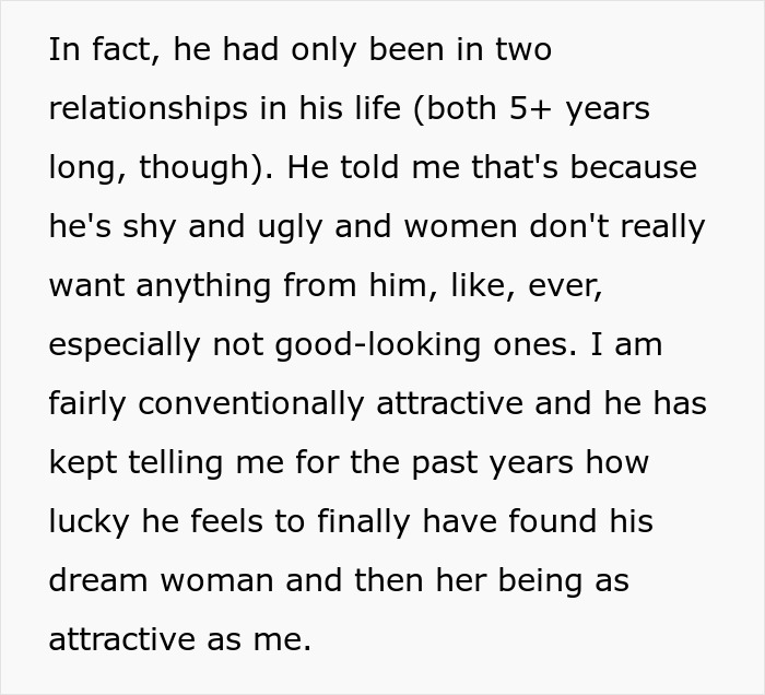 Text excerpt describing a woman's husband feeling lucky to find his dream woman despite being shy and unattractive. Text excerpt describing a woman's husband feeling lucky to find his dream woman despite being shy and unattractive.